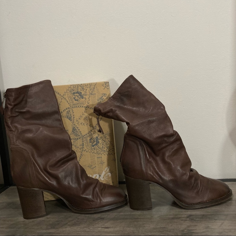 Free People Elle Block Heel Boot Chocolate Brown Leather Ruched Detail Boots NEW - Picture 5 of 16